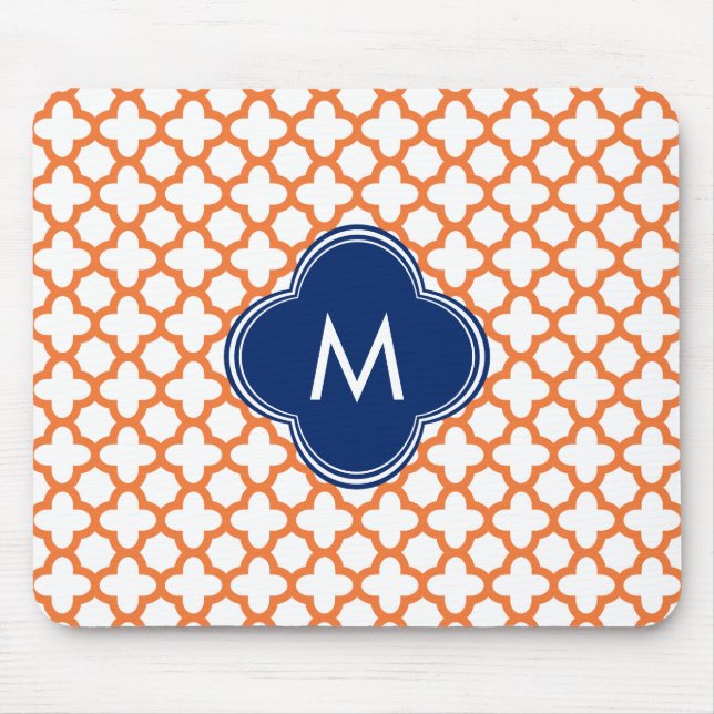 Monogrammad Orange och Royal Blue Quatrefoil Musmatta (Framsidan)