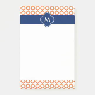 Monogrammad Orange och Royal Blue Quatrefoil Post-it Block