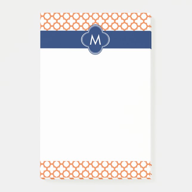 Monogrammad Orange och Royal Blue Quatrefoil Post-it Block (Framsida)