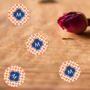 Monogrammad Orange och Royal Blue Quatrefoil Runt Klistermärke