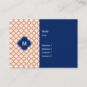 Monogrammad Orange och Royal Blue Quatrefoil Visitkort