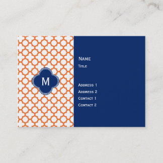 Monogrammad Orange och Royal Blue Quatrefoil Visitkort