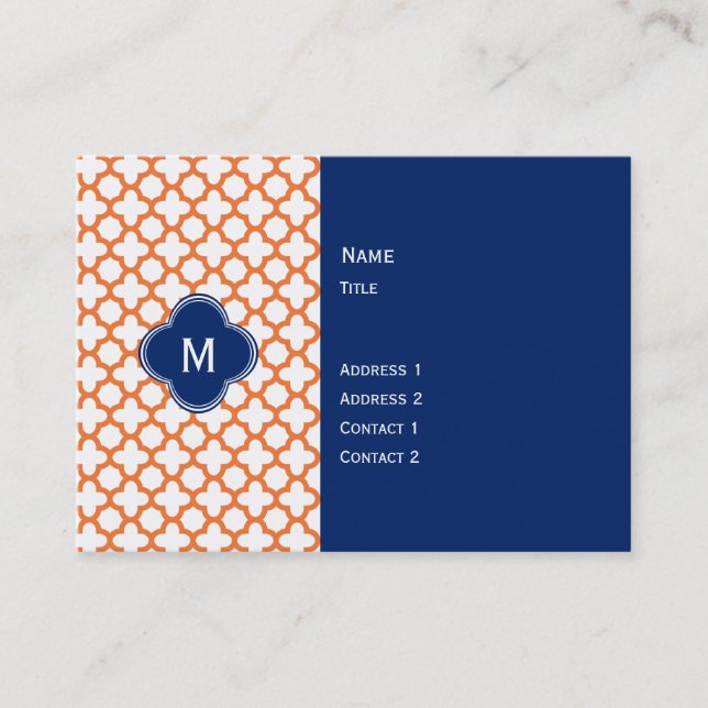 Monogrammad Orange och Royal Blue Quatrefoil Visitkort (Framsida)