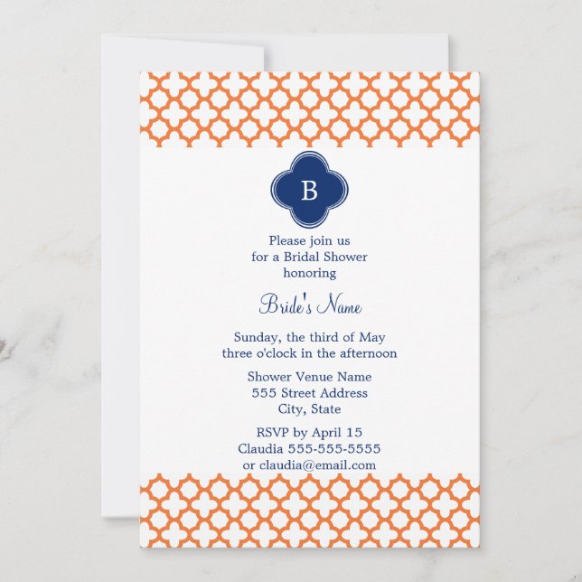 Monogrammad Orange, Royal Blue Quatrefoil Möhippa Inbjudningar (Framsida)