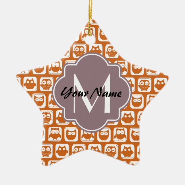 Monogrammad Orange Uggla Julgransprydnad Keramik (Framsidan)