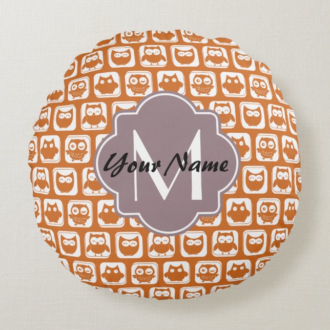 Monogrammad Orange Uggla Rund Kudde (Framsidan)
