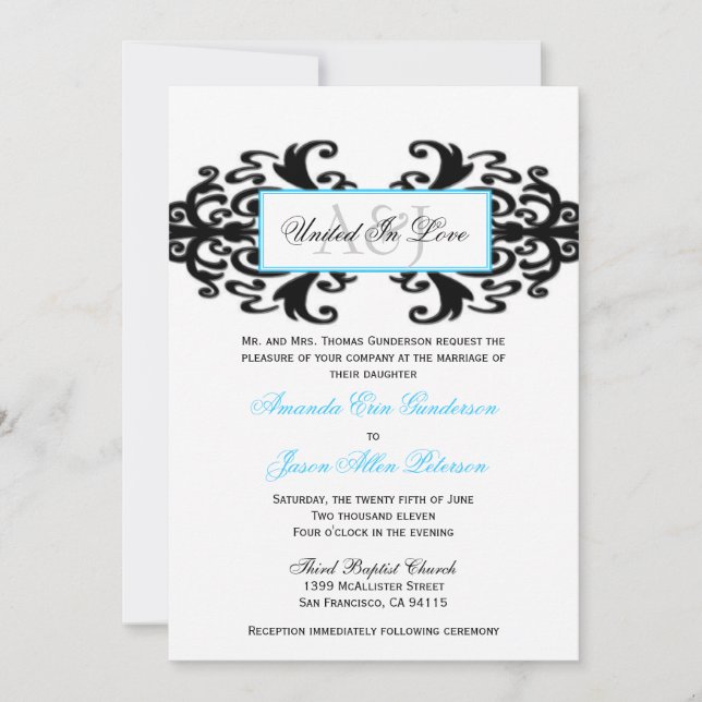 Monogrammad Ornamental Damask Wedding Inbjudan (Framsida)