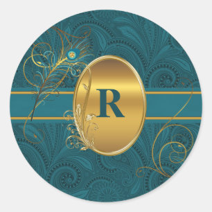 Monogrammad Peacock Teal med Guld Round Runt Klistermärke