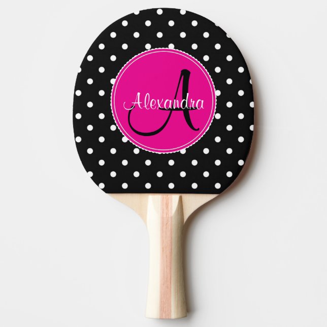 Monogrammad Polka-punktens första chic namn svart  Pingisracket (Framsidan)
