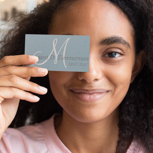 Monogrammad Professionell, Linen Himlar Blue Visitkort (Skapare uppladdad)