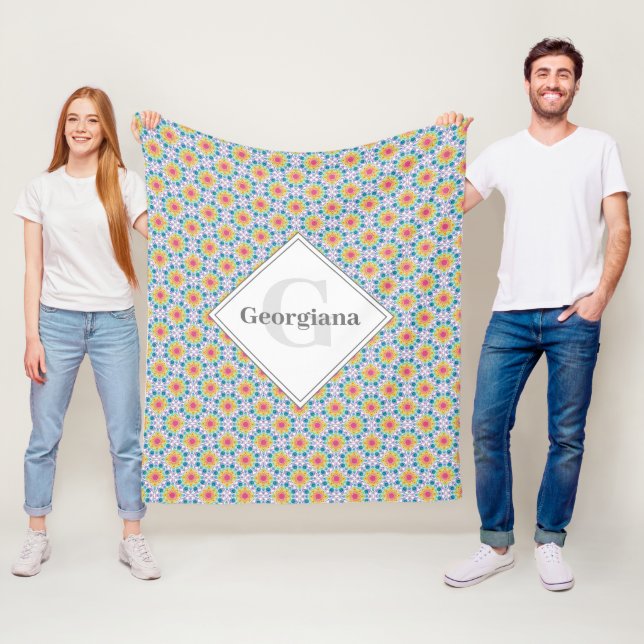 Monogrammad Rainbow Blommigt Mandala Art Deco Fläk Fleecefilt (På plats)