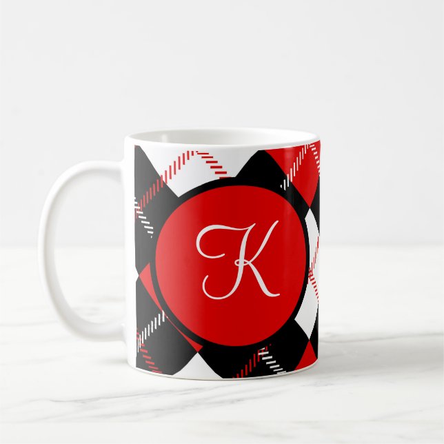 Monogrammad Red Black White Argyle Play Kaffemugg (Vänster)