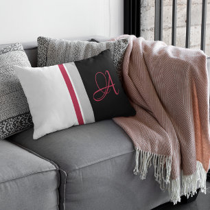Monogrammad Red Magenta Grått Black Stripe Lumbarkudde