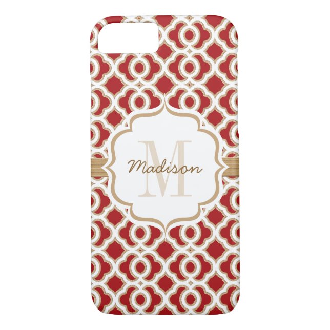 Monogrammad Red och Guld Quatrefoil Case-Mate iPhone Skal (Baksida)