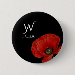 Monogrammad Red Poppy on Black Simple Knapp