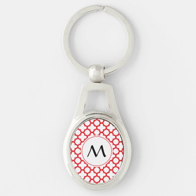 Monogrammad Red Quatrefoil Mönster Ovalt Silverfärgad Nyckelring (Framsidan)