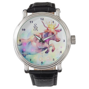Monogrammad roligt Cow Design Rainbow Watercolor A Armbandsur