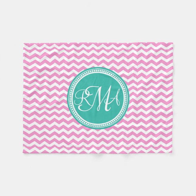 Monogrammad Rosa and Teal Chevron Anpassningsbar Fleecefilt (Framsidan (Horisontell))