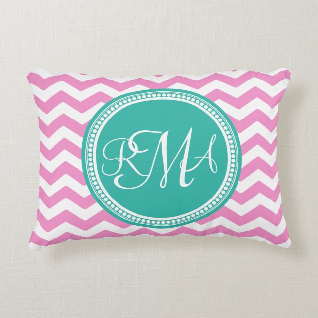 Monogrammad Rosa and Teal Chevron Anpassningsbar Prydnadskudde (Framsidan)