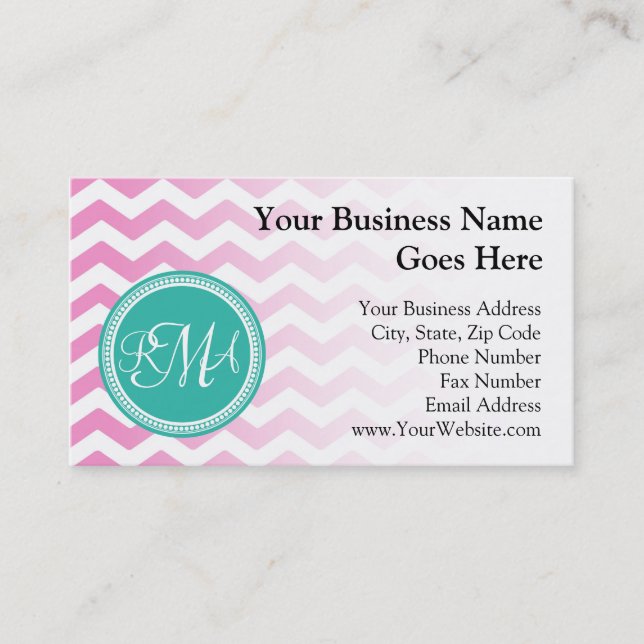 Monogrammad Rosa and Teal Chevron Anpassningsbar Visitkort (Framsida)