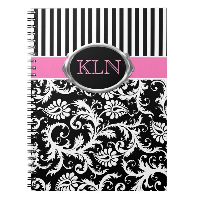 Monogrammad Rosa Black White Stripe Damask Anteckningsbok Med Spiral (Framsidan)