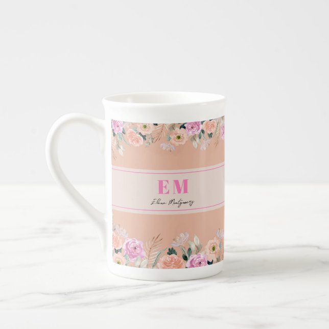 Monogrammad Rosa blommigt-blommor Benporslin Mugg (Vänster)
