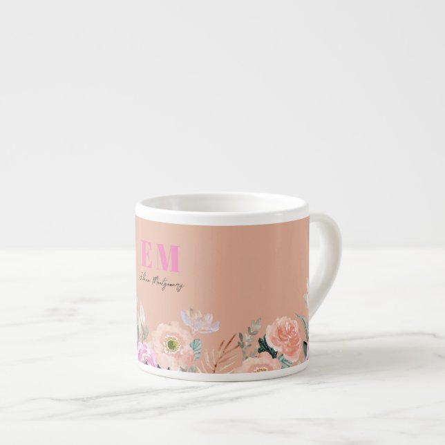 Monogrammad rosa blommigt espressomugg (Framsida höger)