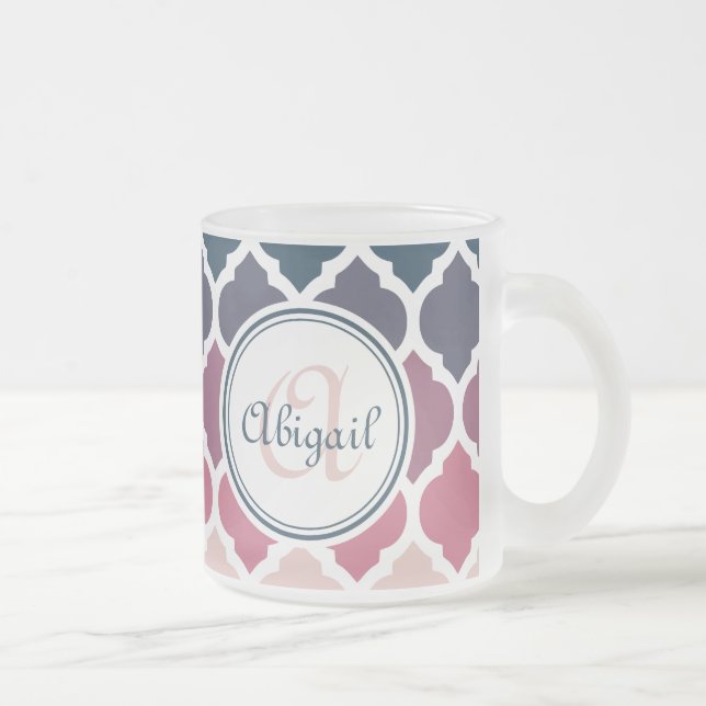 Monogrammad Rosa Blue Moroccan Lattice Mönster Frostad Glasmugg (Höger)