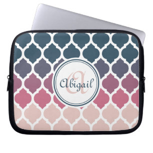 Monogrammad Rosa Blue Moroccan Lattice Mönster Laptop Sleeve