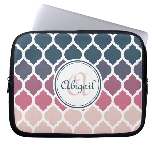 Monogrammad Rosa Blue Moroccan Lattice Mönster Laptop Sleeve (Framsidan)