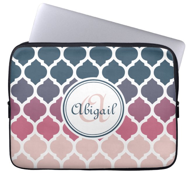 Monogrammad Rosa Blue Moroccan Lattice Mönster Laptop Sleeve (Framsidan)