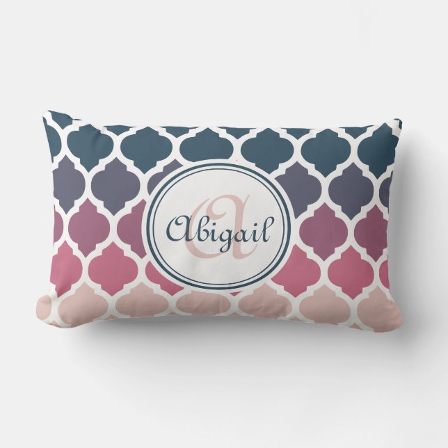 Monogrammad Rosa Blue Moroccan Lattice Mönster Lumbarkudde (Framsida)