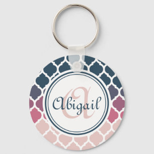 Monogrammad Rosa Blue Moroccan Lattice Mönster Nyckelring