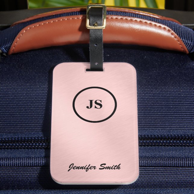 Monogrammad Rosa Brushed Steel Luggage Tag-nummer Bagagebricka (Framsida Insitu 2)
