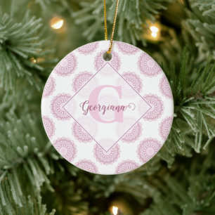 Monogrammad Rosa Confetti Snöre Polka Dot Mandala Julgransprydnad Keramik