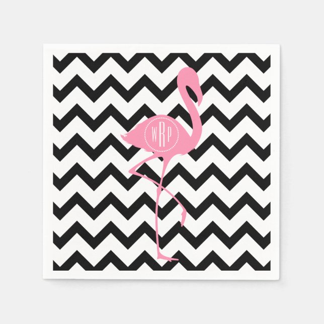 Monogrammad Rosa Flamingo + Black Chevron Pappersservett (Framsidan)