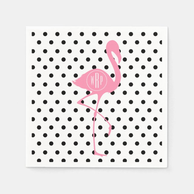 Monogrammad Rosa Flamingo + Black Polka Dot Pappersservett (Framsidan)