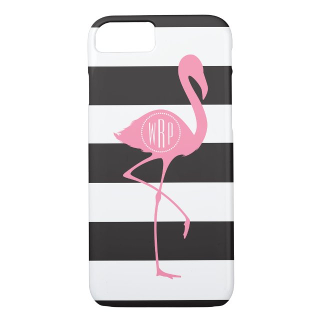 Monogrammad Rosa Flamingo + Black + White Rand Case-Mate iPhone Skal (Baksida)