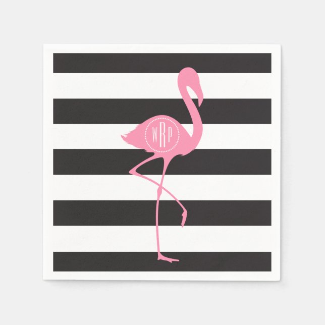 Monogrammad Rosa Flamingo + Black + White Rand Pappersservett (Framsidan)