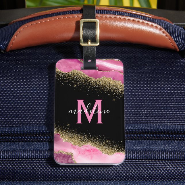 Monogrammad Rosa Geode Agate Bagagebricka (Framsida Insitu 2)