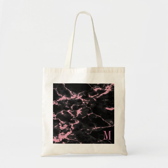 Monogrammad Rosa Glitter Black Background Tygkasse (Framsidan)