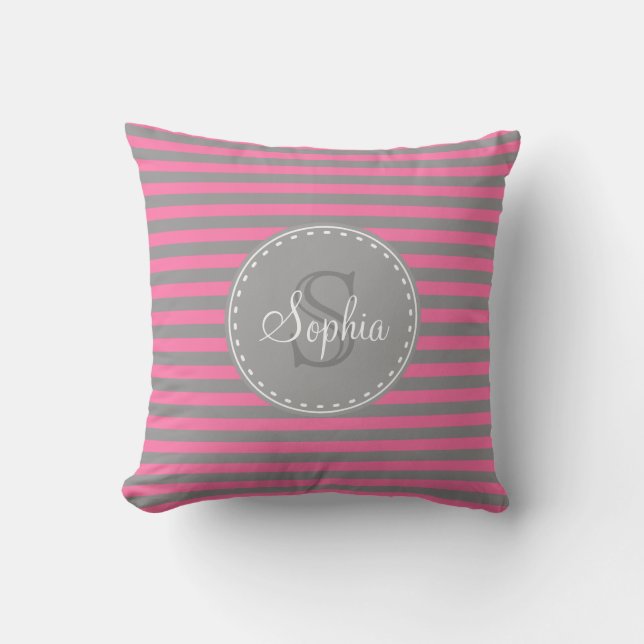 Monogrammad Rosa Grått Stripe Mönster Kudde (Framsida)
