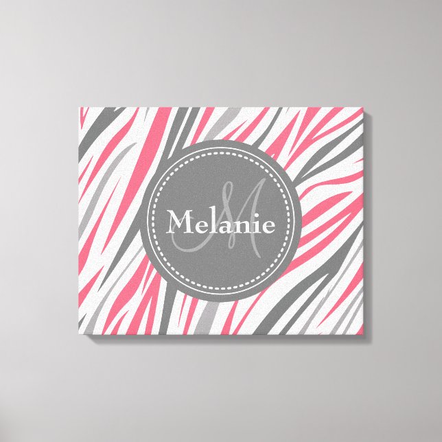 Monogrammad Rosa & Grått Zebra mönstrad Canvastryck (Framsida)