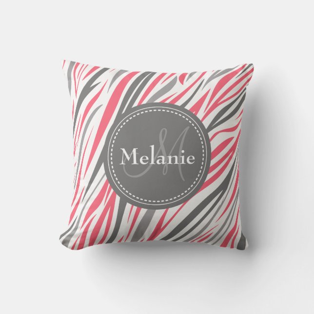 Monogrammad Rosa & Grått Zebra mönstrad Kudde (Framsida)