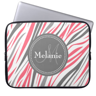 Monogrammad Rosa & Grått Zebra mönstrad Laptop Sleeve