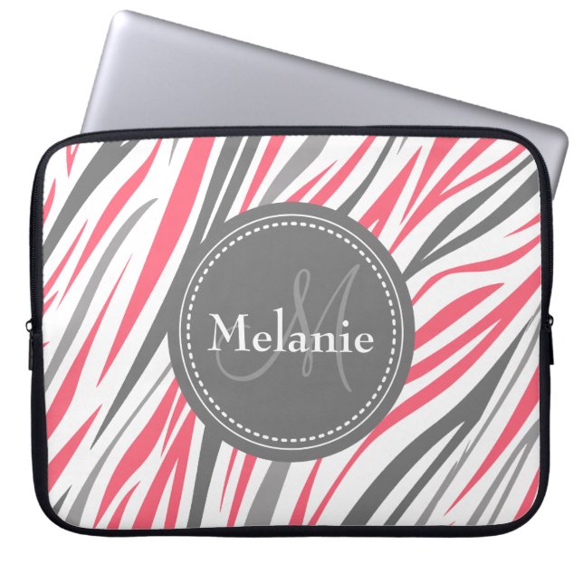 Monogrammad Rosa & Grått Zebra mönstrad Laptop Sleeve (Framsidan)