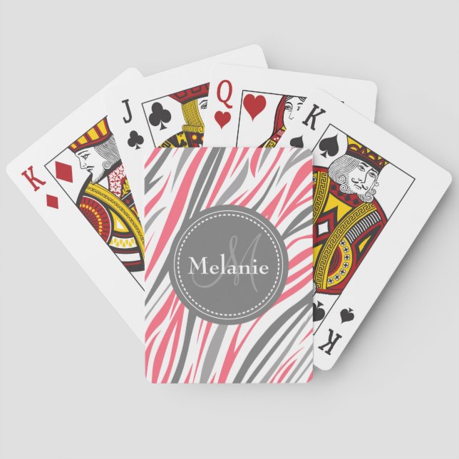 Monogrammad Rosa & Grått Zebra mönstrad Spelkort (Baksidan)