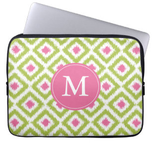 Monogrammad Rosa Grönt Diamond Ikat Mönster Laptop Fodral