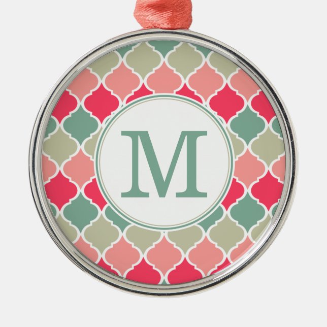 Monogrammad Rosa Grönt Moroccan Lattice Mönster Julgransprydnad Metall (Framsidan)