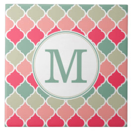 Monogrammad Rosa Grönt Moroccan Lattice Mönster Kakelplatta